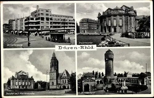 Ak Düren im Rheinland, Stadttheater, Kirche, Theater, Wirteltorplatz, Wasserturm