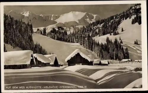 Ak Hirschegg Mittelberg im Kleinwalsertal Vorarlberg, Auenhütte, Melchöde, Steinmandl, Winter
