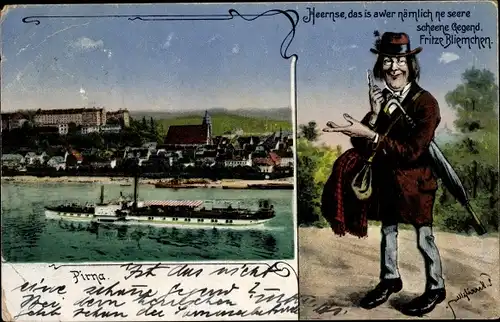 Ak Pirna in Sachsen, Fritze Bliemchen, Salondampfer, Stadt