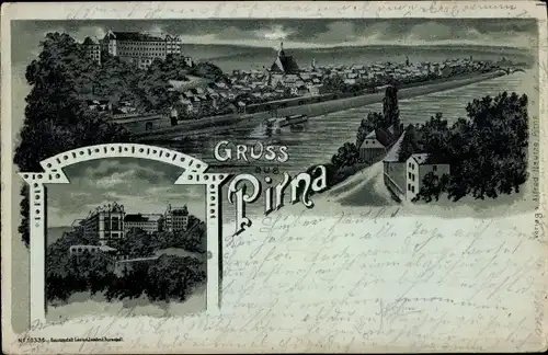 Mondschein Litho Pirna in Sachsen, Gesamtansicht, Sonnenstein