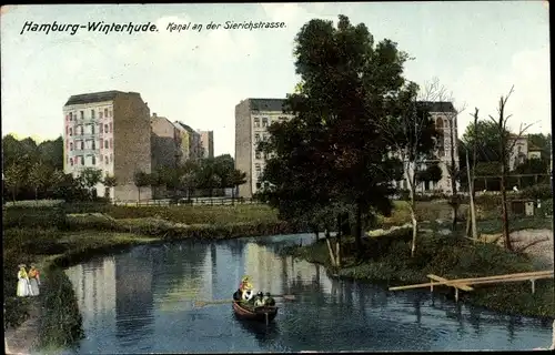 Ak Hamburg Nord Winterhude, Ruderboot auf dem Kanal an der Sierichstraße, Spaziergänger
