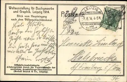 Ak Leipzig, Weltausstellung für Buchgewerbe und Graphik 1914, Haupteingang, Völkerschlachtdenkmal