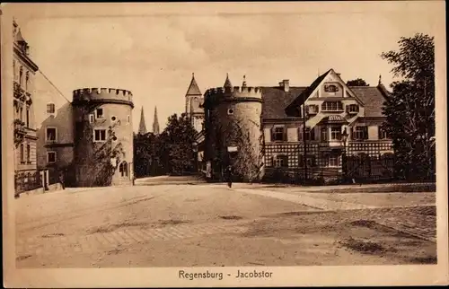 Ak Regensburg an der Donau Oberpfalz, Jakobstor, Dom, Wohnhäuser