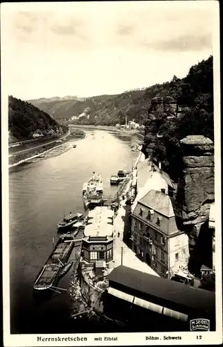 Ak Hřensko Herrnskretschen Elbe Region Aussig, Luftbild mit Elbtal