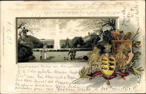 Präge Wappen Passepartout Litho Stuttgart in Württemberg, Partie am Anlagensee