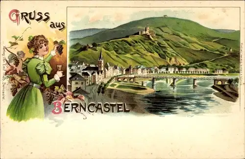 Litho Bernkastel an der Mosel, Panorama vom Ort, Dame mit Weinglas und Reben
