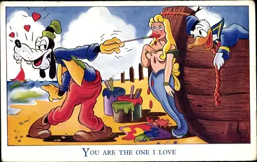 Künstler Ak Disney, You are the one I love, Goofy, Donald Duck, Galionsfigur