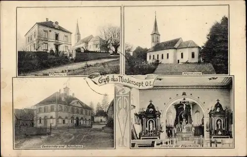 Ak Seppois le Bas Niedersept Elsass Haut Rhin, Pfarrhaus, Pfarrkirche, Schule