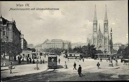 Ak Wien 9 Alsergrund Österreich, Maximilianplatz und Universitätsstraße, Straßenbahn