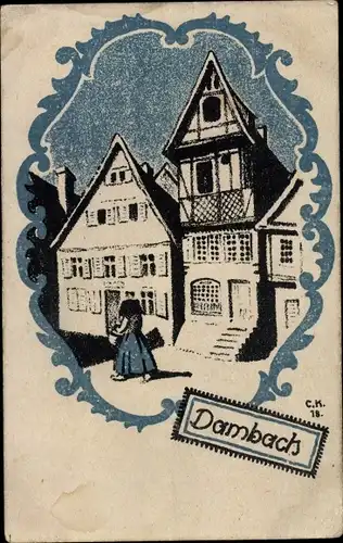 Künstler Ak Dambach la Ville Dammbach Elsass Bas Rhin, Stadtansicht, Frau in Tracht