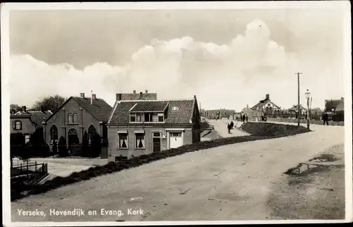 Ak Ierseke Yerseke Reimerswaal Zeeland, Havendijk en Evang. Kerk