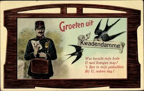 Ak Kwadendamme Borssele Borsele Zeeland Niederlande, Postbote mit Briefen, Schwalbe im Flug