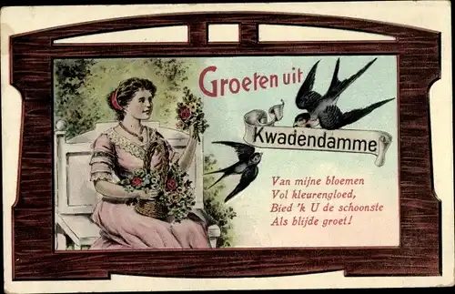 Ak Kwadendamme Borssele Borsele Zeeland Niederlande, Frau mit Blumenkorb, Schwalbe im Flug