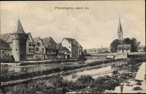 Ak Pforzheim im Schwarzwald, Untere Au, Kirchturm