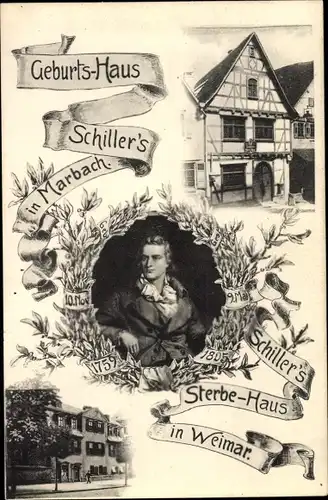 Ak Marbach am Neckar, Schillers Geburtshaus, Sterbehaus in Weimar