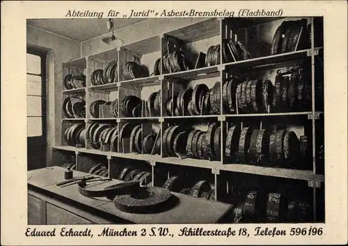 Ak Ludwigsvorstadt Isarvorstadt München, Reklame, Eduard Erhardt, Schillerstraße 18,Jurid Bremsbelag