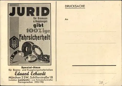 Ak Ludwigsvorstadt Isarvorstadt München, Reklame, Eduard Erhardt, Schillerstraße 18,Jurid Bremsbelag