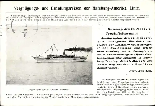Ak HAPAG, Vergnügungs und Erholungsreisen, Doppelschrauben Dampfer Meteor