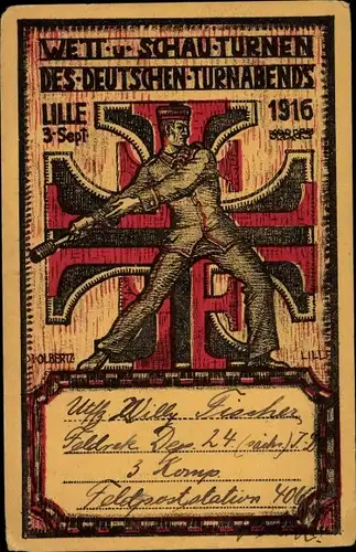Ak Lille Flandern Antwerpen, Wett und Schauturnen des Deutschen Turnabends 1916, Soldat, Handgranate