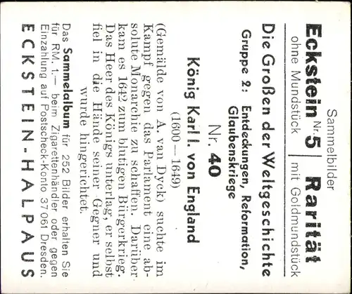 Sammelbild Die Großen der Weltgeschichte Gruppe 2 Nr. 40, König Karl von England, A. van Dyck