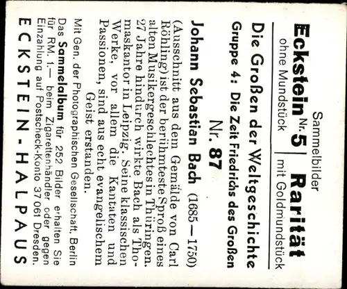 Sammelbild Die Großen der Weltgeschichte Gruppe 4 Nr. 87, Johann Sebastian Bach, Carl Röhling