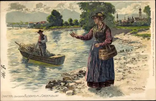 Künstler Litho Bergen, Fritz, Inntal zwischen Rosenheim und Oberaudorf, bayrische Trachten