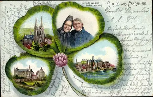 Kleeblatt Litho Marburg an der Lahn, Paar in Trachten, Universität, Schloss, Elisabethkirche
