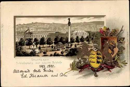 Präge Wappen Litho Stuttgart in Württemberg, Schlossplatz mit neuem Schloss