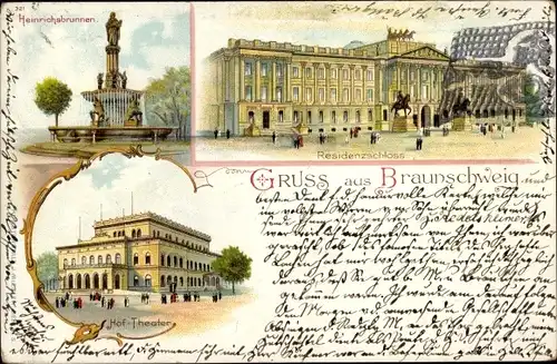 Litho Braunschweig in Niedersachsen, Residenzschloss, Heinrichsbrunnen Hoftheater