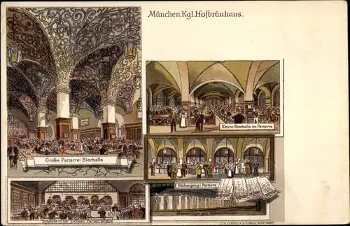 Litho München Bayern, Kgl. Hofbräuhaus, Innenansicht, Bierhalle