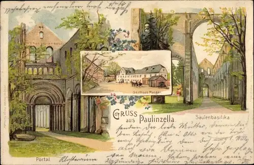 Litho Paulinzella Königsee Rottenbach, Portal und Säulenbasilika, Gasthaus Menger, Kloster