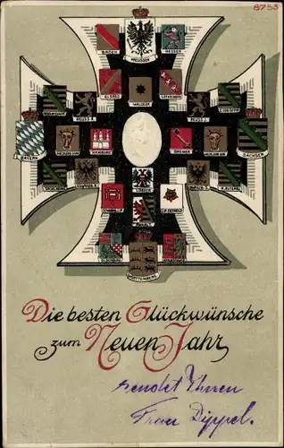 Präge Wappen Litho Glückwunsch Neujahr, Eisernes Kreuz, Kaiser Wilhelm II.