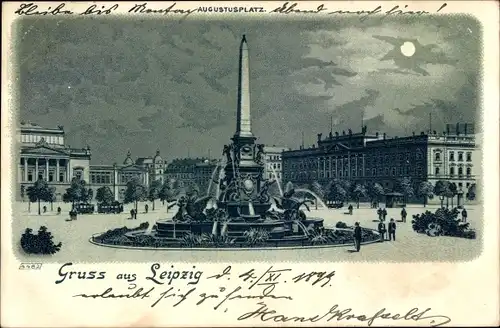 Mondschein Litho Leipzig in Sachsen, Augustusplatz, Denkmal, Brunnen