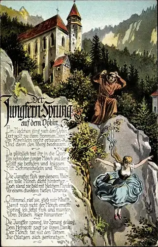 Künstler Ak Oybin in Sachsen, Der Jungfernsprung auf dem Oybin, Mönch, Kirche, Gedicht
