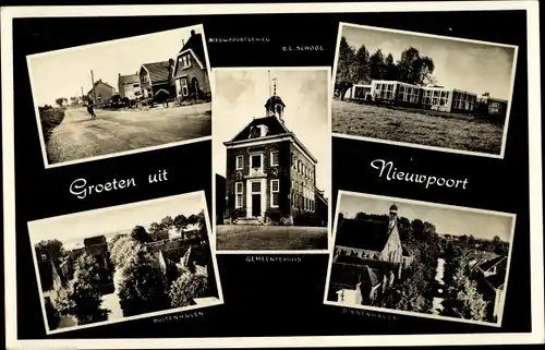 Ak Nieuport Nieuwpoort Molenlanden Südholland, School, Kirche, Straße, Gemeentehuis