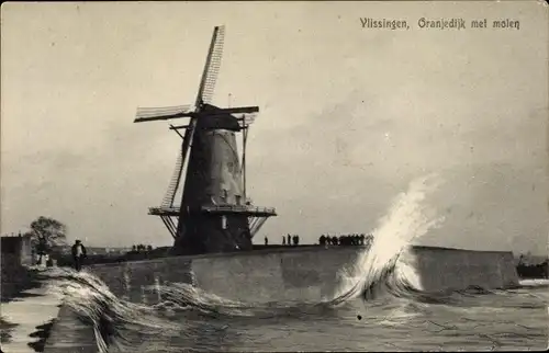 Ak Vlissingen Zeeland Niederlande, Oranjedijk met molen