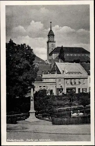 Ak Bischofswerda in Sachsen, Partie am Mühlteich, Denkmal