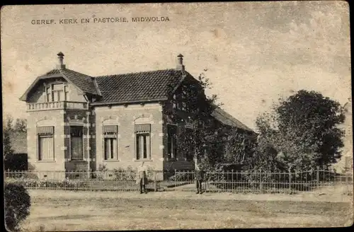 Ak Midwolda Groningen Niederlande, Geref. Kerk en Pastorie