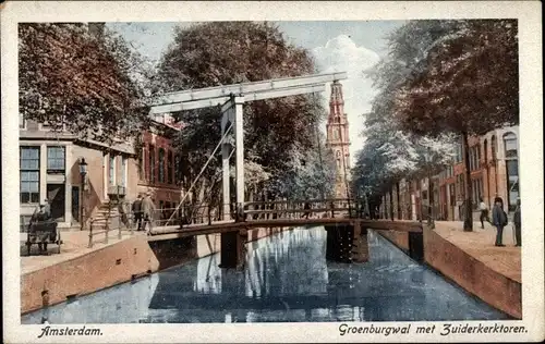 Ak Amsterdam Nordholland Niederlande, Groenburgwal met Zuiderkerktoren