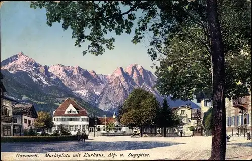 Ak Garmisch Partenkirchen in Oberbayern, Marktplatz mit Kurhaus, Alp- und Zugspitze