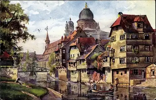 Künstler Ak Nürnberg in Mittelfranken, Insel Schütt, Ruderboot