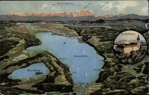 Landkarten Ak Andechs am Ammersee, Kloster Andechs, Wörthsee, Wettersteingebirge