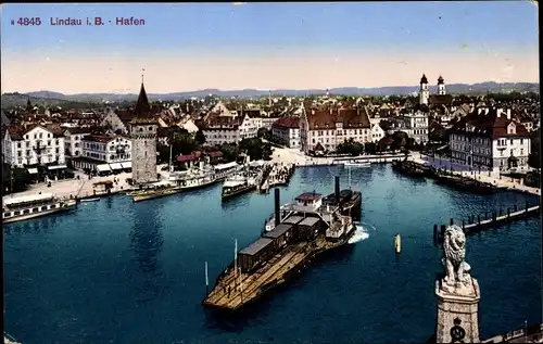 Ak Lindau am Bodensee Schwaben, Hafen, Fährdampfer, Stadt, Vogelschau