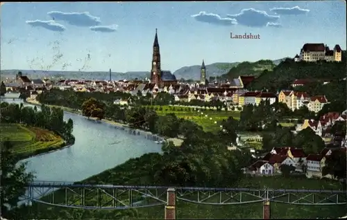 Ak Landshut in Niederbayern, Panorama, Eisenbahnbrücke