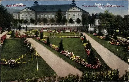 Ak Bad Kissingen Unterfranken Bayern, Regentenbau mit Städt. Rosengarten