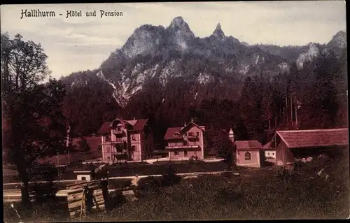 Ak Bischofswiesen in Oberbayern, Hallthurm, Ansicht mit Gebirgspanorama, Hotel und Pension