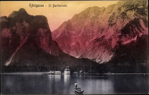 Ak Sankt Bartholomä Schönau am Königssee, Boot, Berge