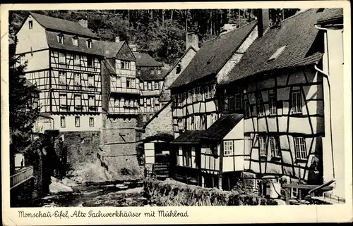 Ak Monschau Montjoie in der Eifel, Alte Fachwerkhäuser mit Mühlrad