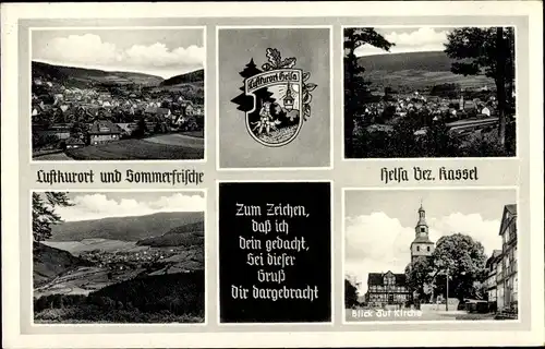 Ak Helsa in Hessen, Ortsansicht, Kirche, Wappen, Panorama