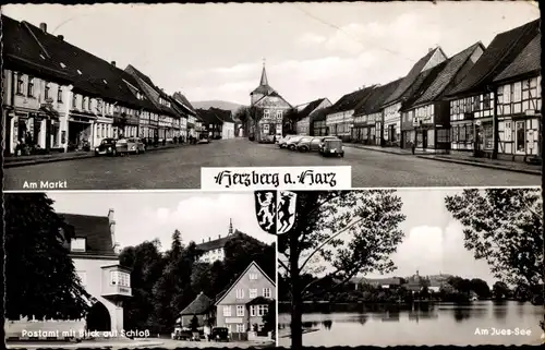 Ak Herzberg am Harz, Am Markt, Postamt mit Blick auf Schloss, Am Jues-See